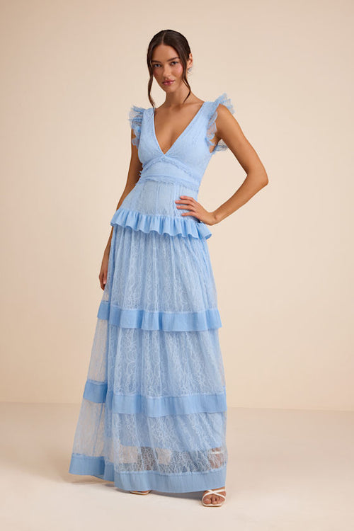 Marvelous Darling Powder Blue Lace Ruffled Tiered Maxi Dress