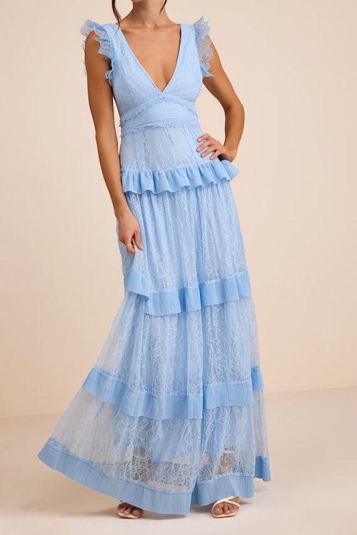 Marvelous Darling Powder Blue Lace Ruffled Tiered Maxi Dress