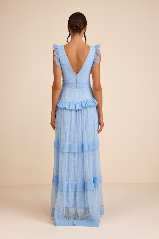Marvelous Darling Powder Blue Lace Ruffled Tiered Maxi Dress