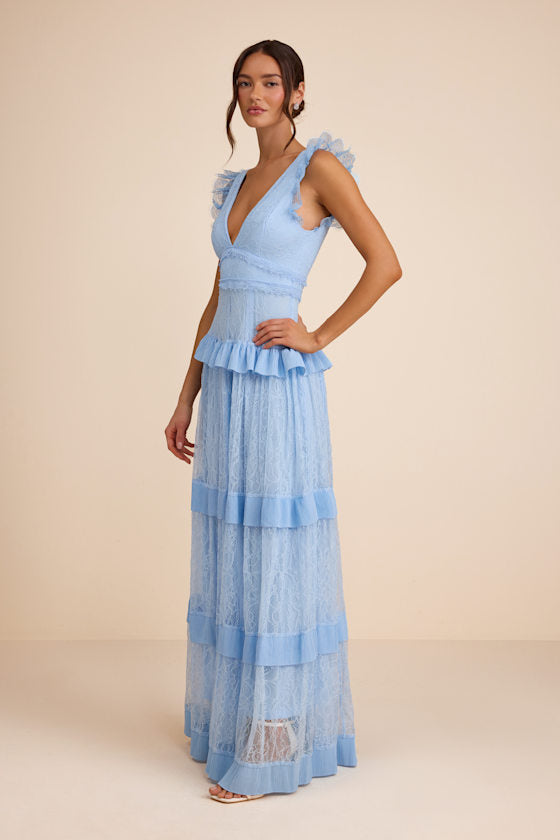 Marvelous Darling Powder Blue Lace Ruffled Tiered Maxi Dress