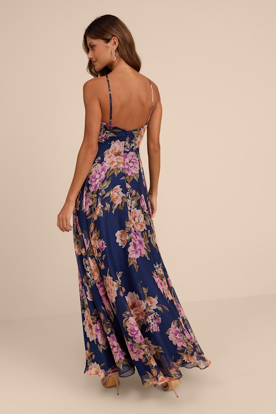 Romantic Marvel Navy Floral Print Halter Neck Maxi Dress