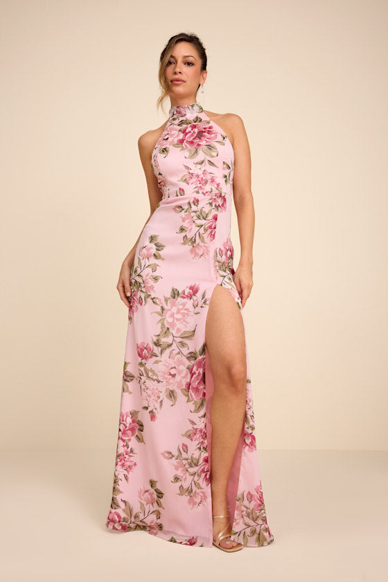 Captured Your Heart Light Pink Floral Halter Maxi Dress