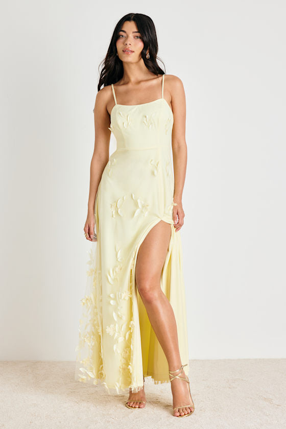 Abundant Charm Pale Yellow 3D Floral Applique Maxi Dress
