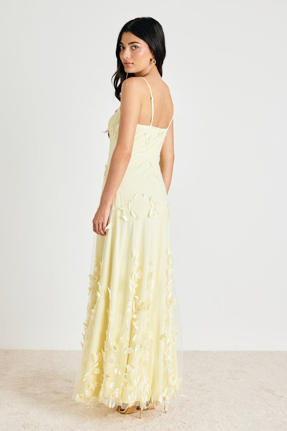 Abundant Charm Pale Yellow 3D Floral Applique Maxi Dress