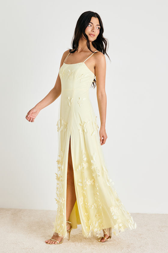 Abundant Charm Pale Yellow 3D Floral Applique Maxi Dress