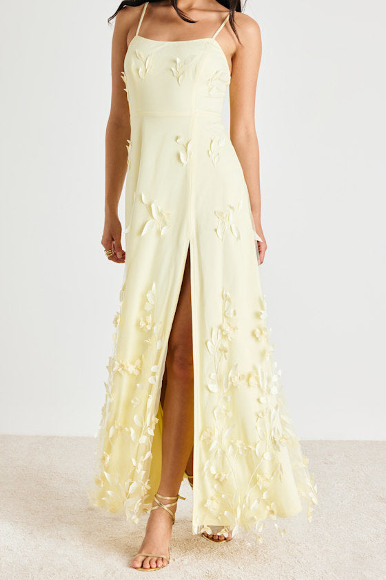 Abundant Charm Pale Yellow 3D Floral Applique Maxi Dress