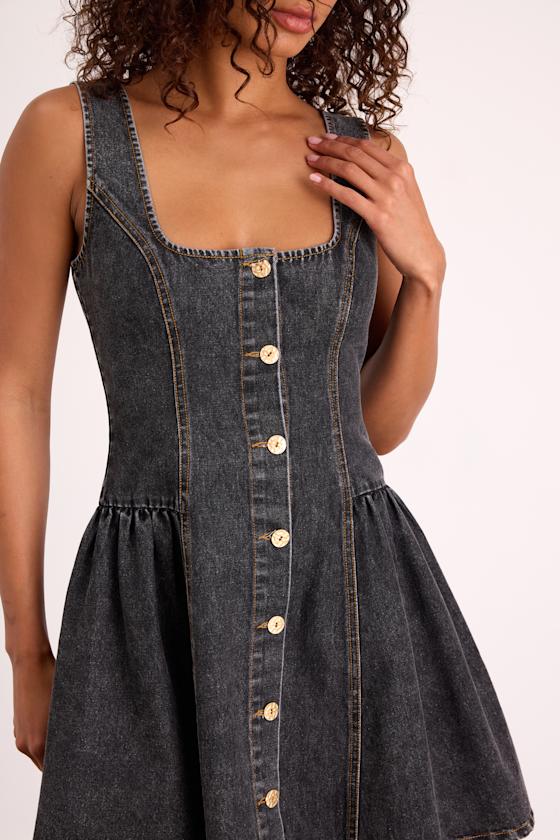 Prinsley Washed Black Denim Button-Front Mini Dress
