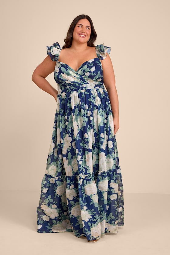 Soiree Perfection Navy Floral Ruffled Tiered Maxi Dress