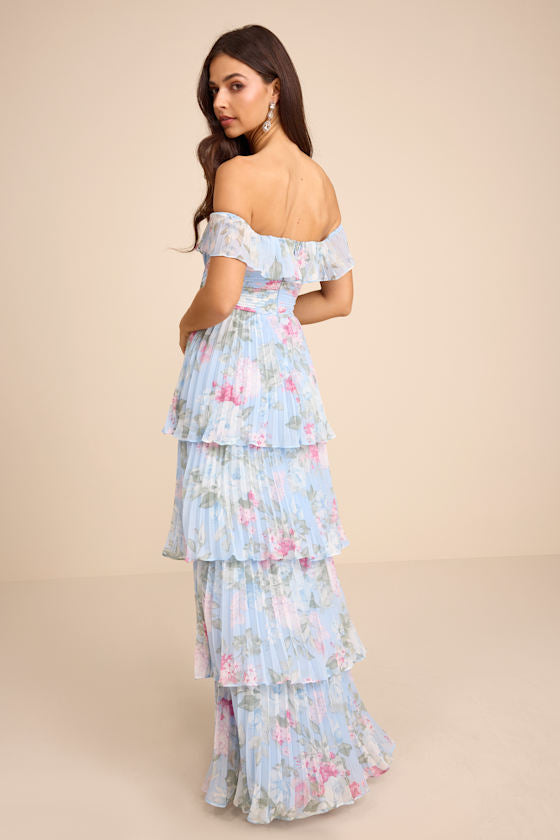 Always Remarkable Light Blue Floral Off-the-Shoulder Maxi Dress
