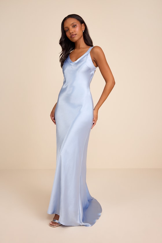 Perfectly Classy Light Blue Satin Strappy Maxi Dress