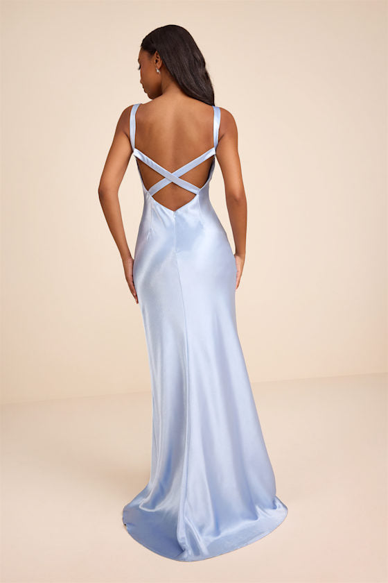 Perfectly Classy Light Blue Satin Strappy Maxi Dress