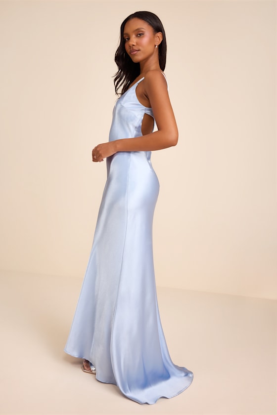 Perfectly Classy Light Blue Satin Strappy Maxi Dress
