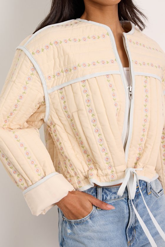 Feeling Pretty Cream Floral Quilted Zip-Up Jacket