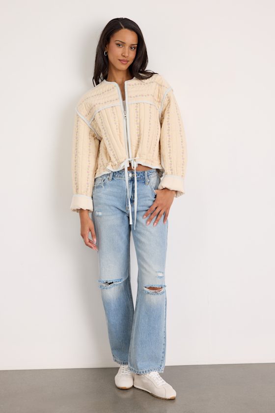 Feeling Pretty Cream Floral Quilted Zip-Up Jacket