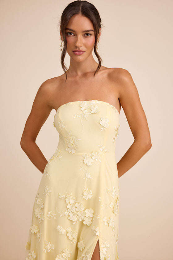 Rare Presence Light Yellow 3D Floral Embroidered Maxi Dress