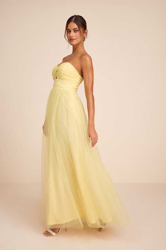 Lyssa Pale Yellow Tulle Strapless Cutout Maxi Dress
