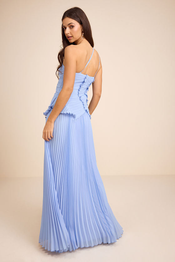 Magdalene Powder Blue Pleated Asymmetrical Maxi Dress