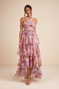 Dayanara Pink Multi Floral Organza Tiered Maxi Dress