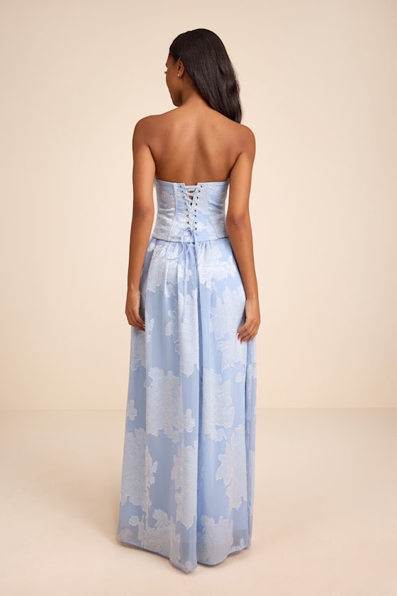 Alanis Light Blue Floral Burnout Lace-Up Maxi Dress