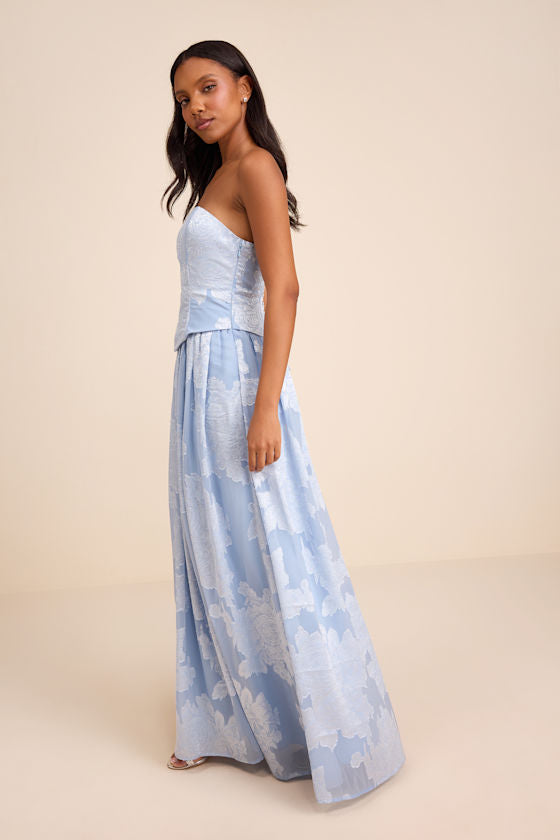 Alanis Light Blue Floral Burnout Lace-Up Maxi Dress