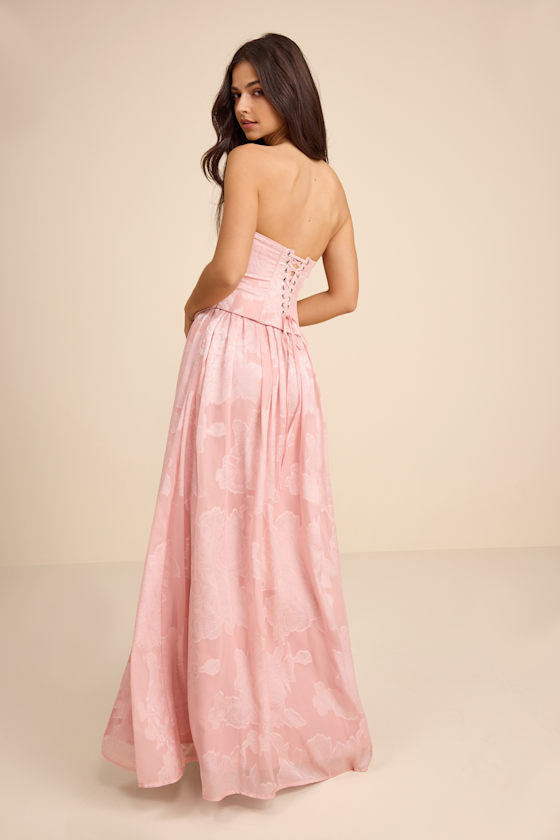 Alanis Light Pink Floral Burnout Lace-Up Maxi Dress