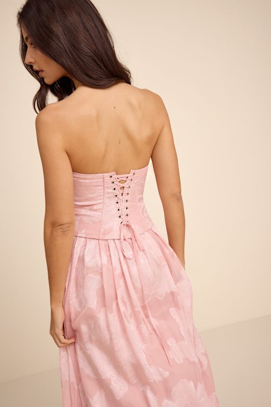 Alanis Light Pink Floral Burnout Lace-Up Maxi Dress