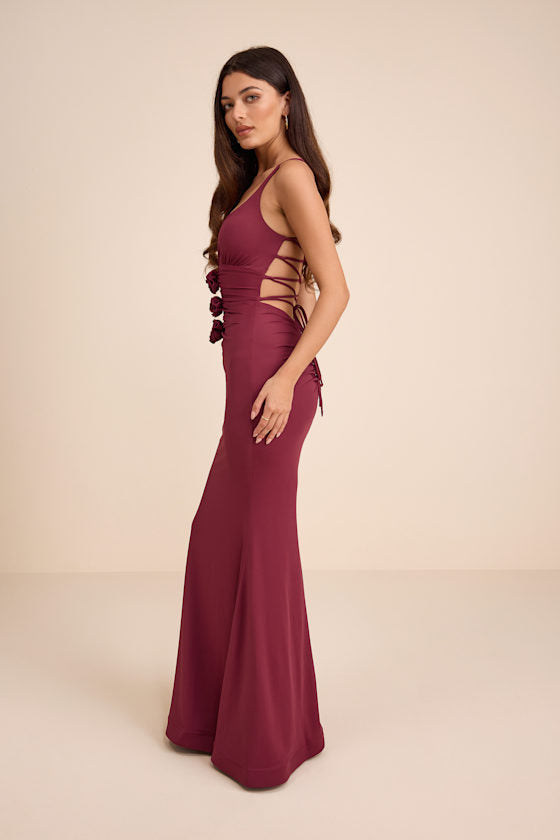 Dinah Wine Red Slinky Knit Rosette Maxi Dress