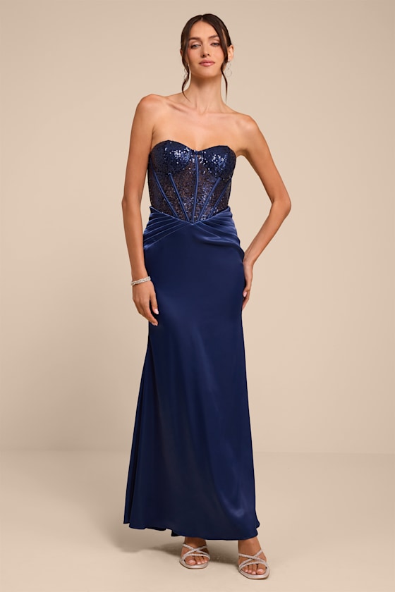 Ria Navy Blue Sequin Strapless Mermaid Maxi Dress