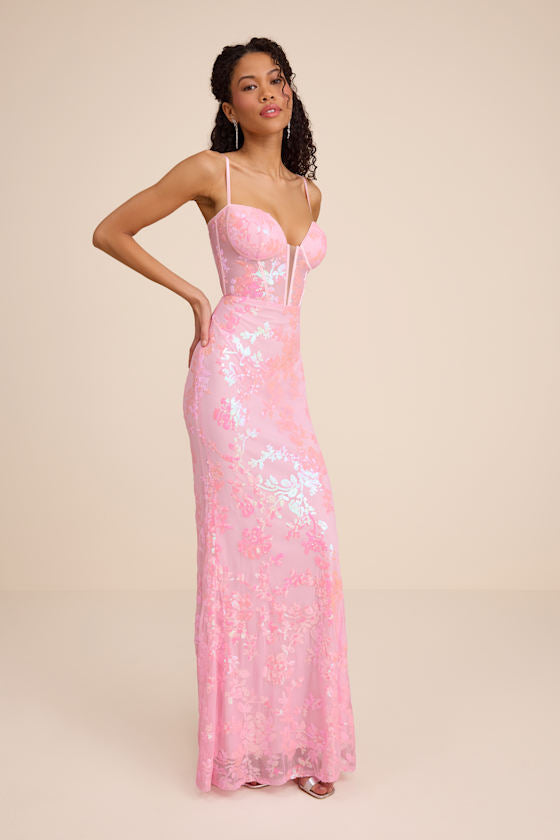 Livy Pink Sequin Bustier Mermaid Maxi Dress