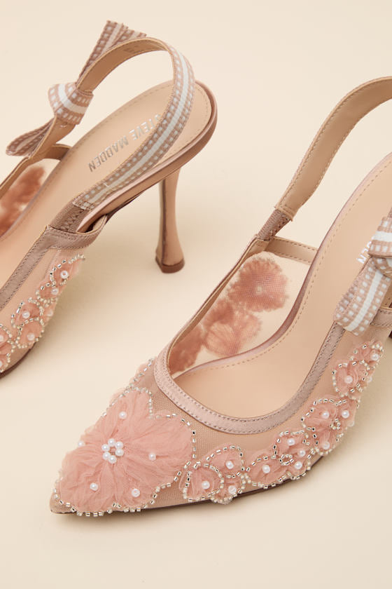 Bri Blush Mesh Ribbon Pointed-Toe Slingback Pumps
