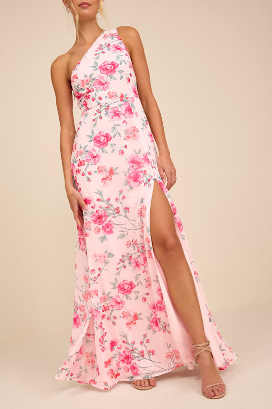Elegant Admiration Light Pink Floral One-Shoulder Maxi Dress