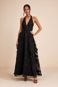 Kennia Black 3D Floral Embroidered Halter Maxi Dress