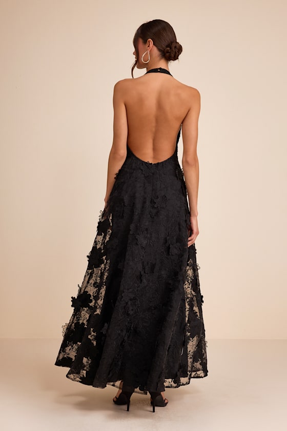 Kennia Black 3D Floral Embroidered Halter Maxi Dress