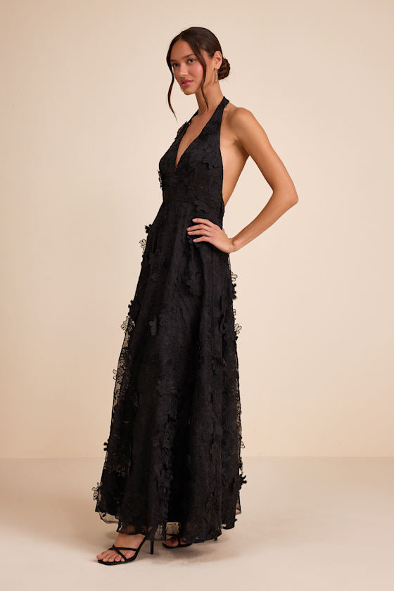 Kennia Black 3D Floral Embroidered Halter Maxi Dress