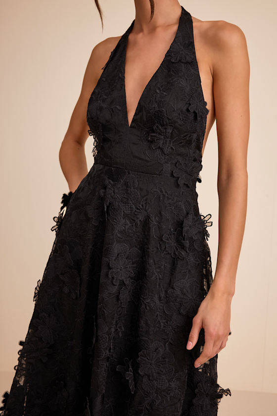 Kennia Black 3D Floral Embroidered Halter Maxi Dress