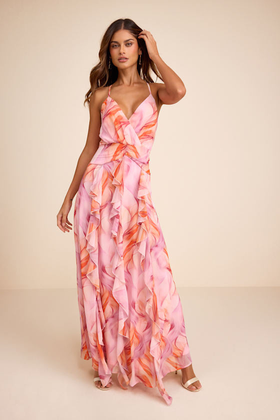 Astraea Lilac and Orange Abstract Surplice Ruffled Maxi Dress