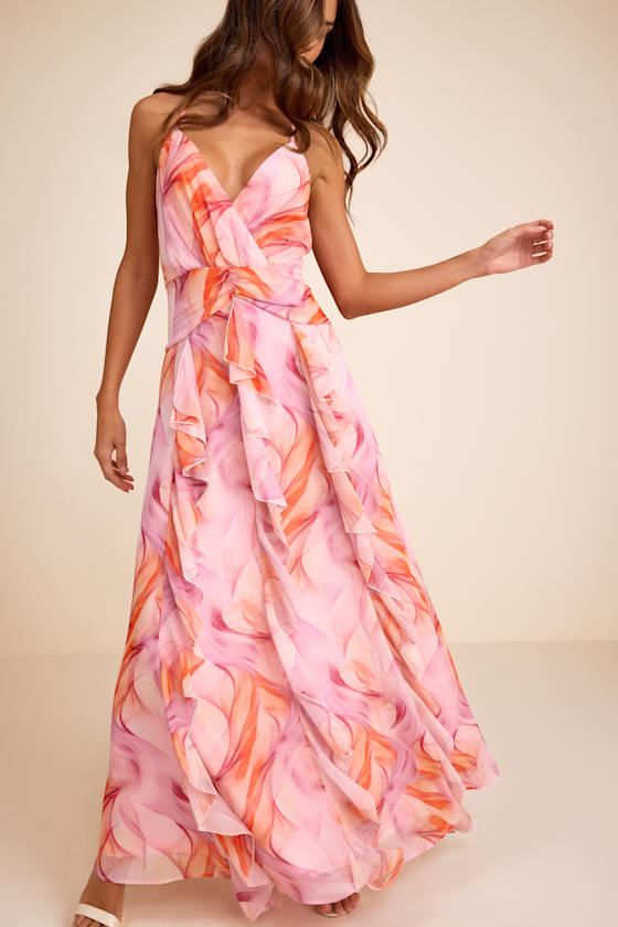 Astraea Lilac and Orange Abstract Surplice Ruffled Maxi Dress