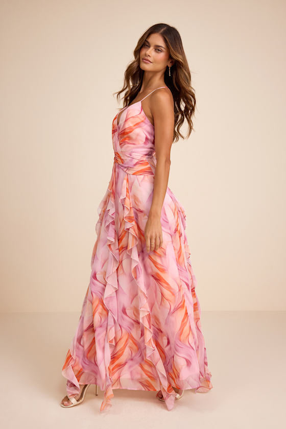 Astraea Lilac and Orange Abstract Surplice Ruffled Maxi Dress