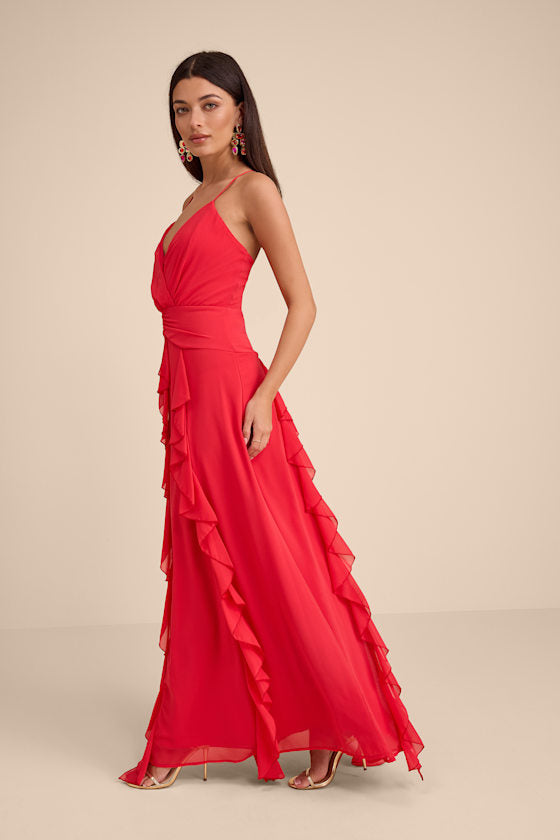 Astraea Red Surplice Ruffled Maxi Dress