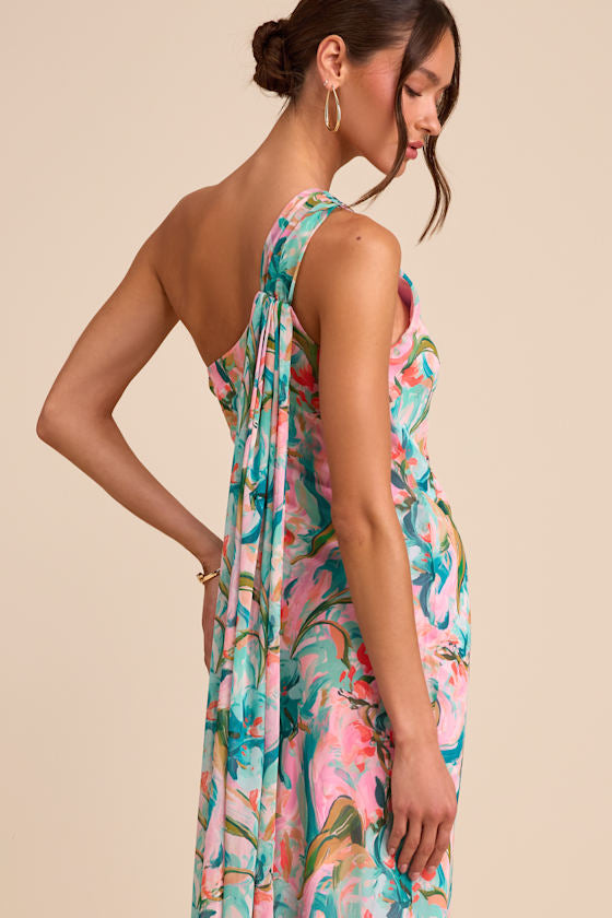 Mikesha Pink Multi Abstract One-Shoulder Sash Maxi Dress