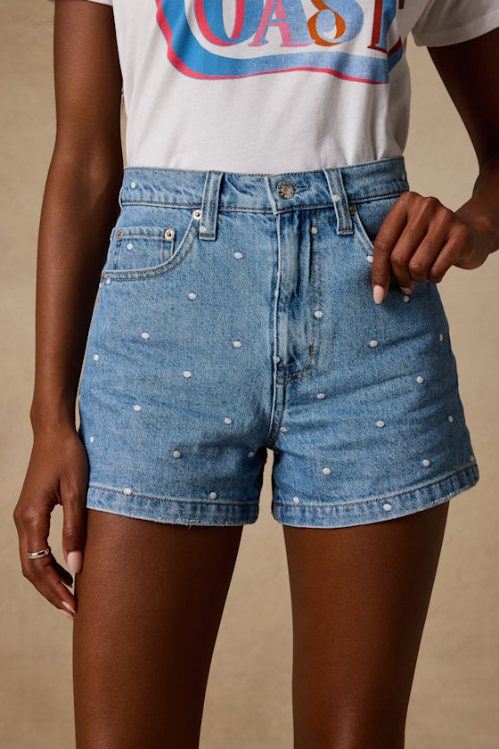 Knockout Medium Wash Polka Dot Denim Shorts