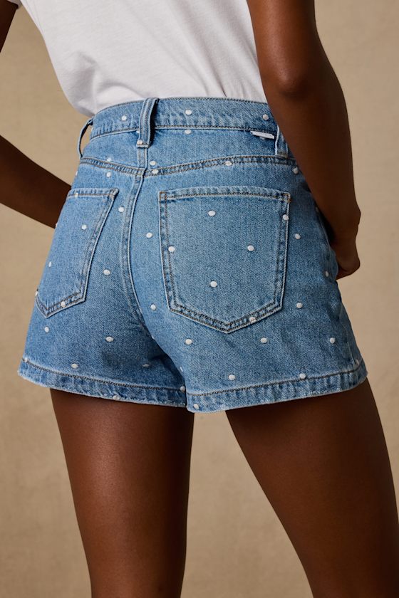 Knockout Medium Wash Polka Dot Denim Shorts