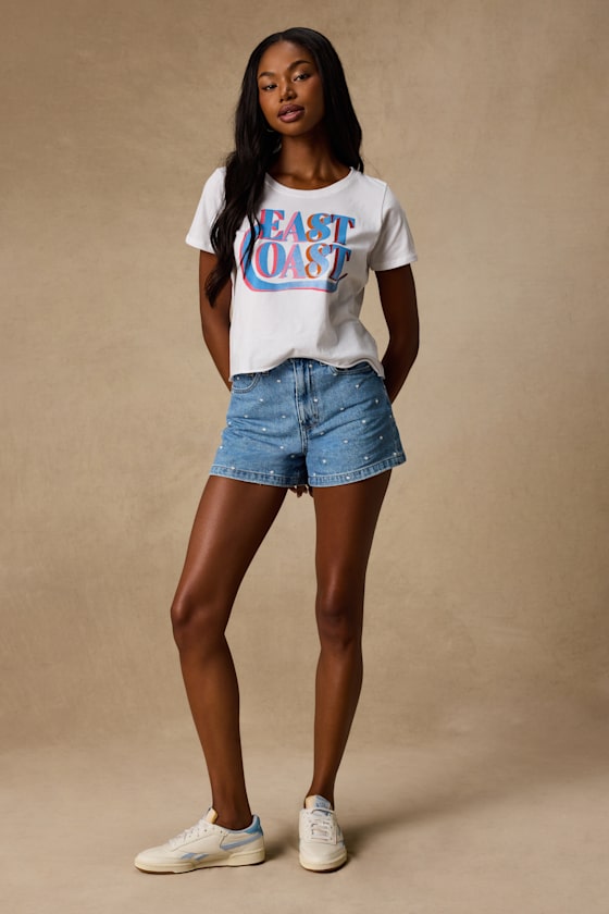 Knockout Medium Wash Polka Dot Denim Shorts