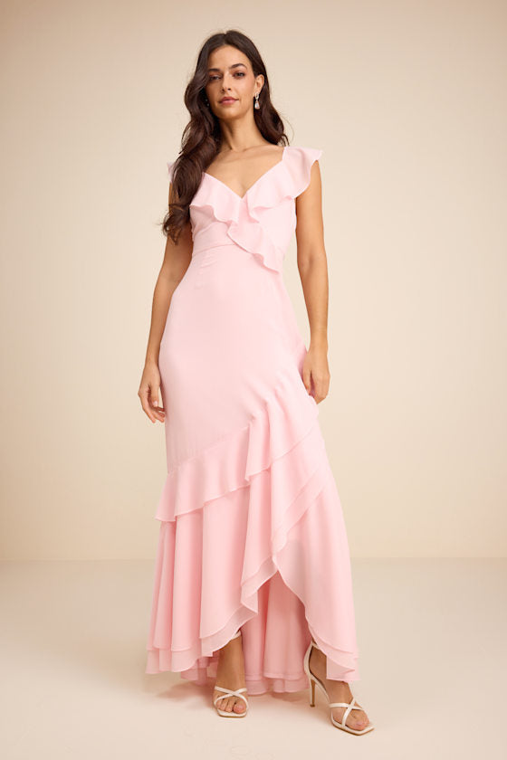 Charming Event Light Pink Asymmetrical Ruffled Maxi Dress