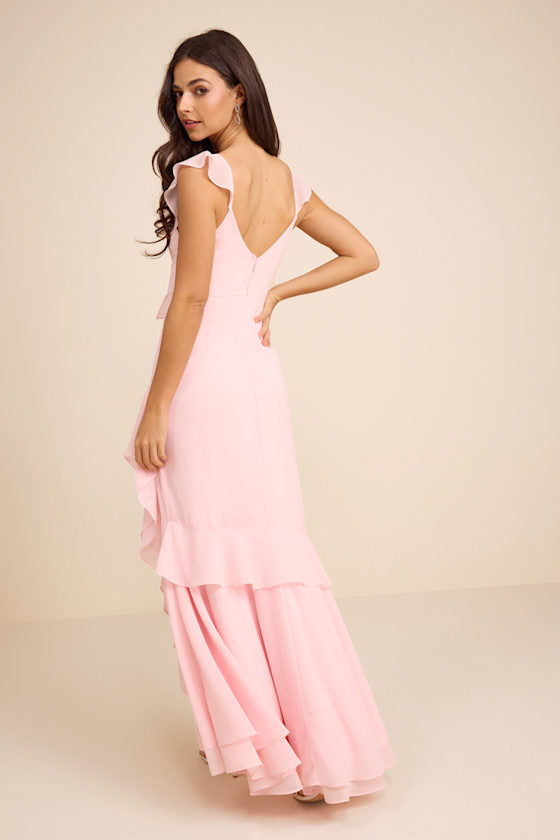 Charming Event Light Pink Asymmetrical Ruffled Maxi Dress