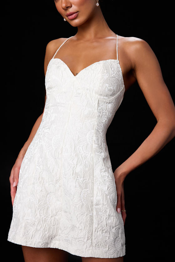Lucille Ivory Floral Jacquard Lace-Up Mini Dress