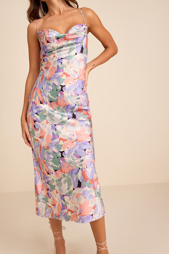 Favorite Icon Lavender Floral Satin Cowl Neck Slip Midi Dress