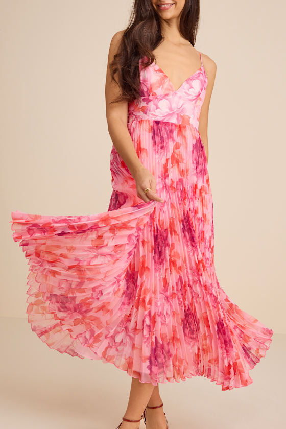 Sincerely Gorgeous Pink Multi Floral Pleated Midi Dress