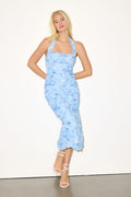 Janessa Light Blue Floral Mesh Bodycon Midi Dress