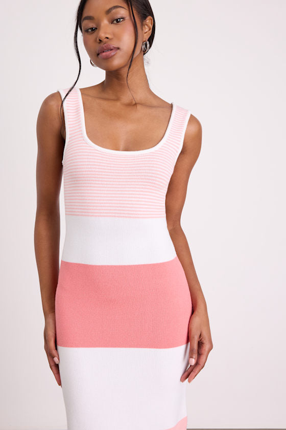 Easily Gorgeous Ivory and Pink Striped Midi Sweater Dress